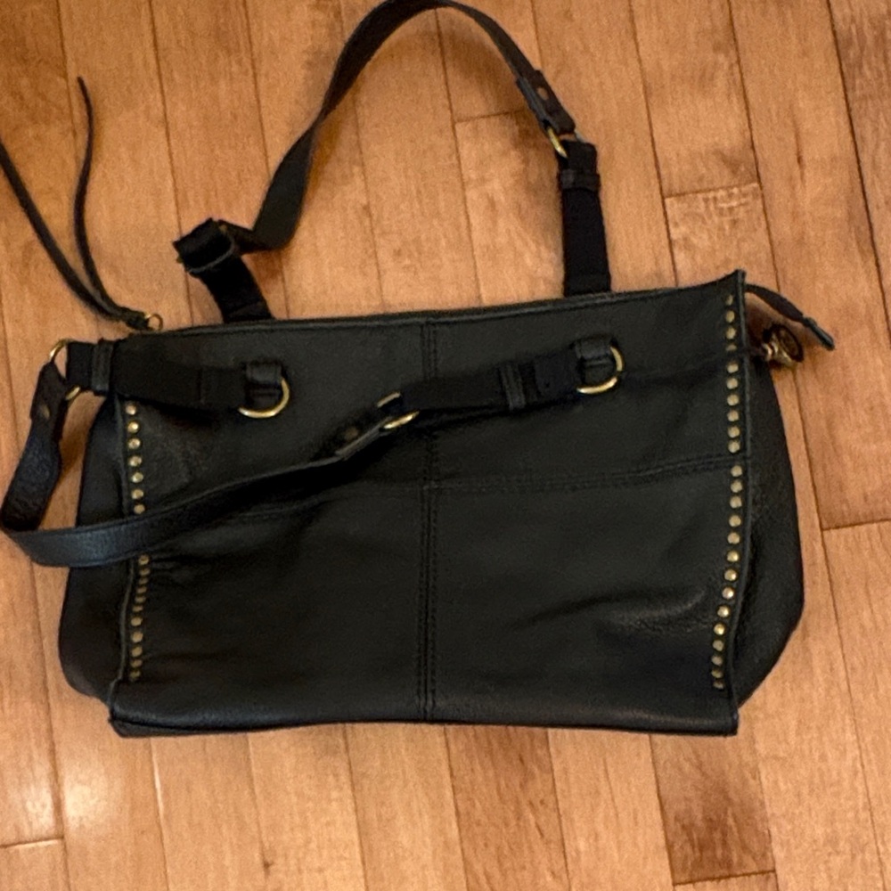 Chic Black Leather Shoulder Bag with Gold Accents